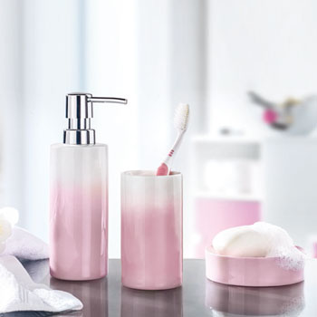 Beautiful and elegant porcelain bath accessory set in pink, blue and green