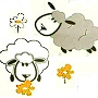 White, medium grey and
light grey sheep with white,
grey and yellow&#45;orange
flowers on white background