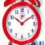 novelty no liner needed fabric shower curtain with alarm clock with royal blue, ruby red and deep dark pink colors