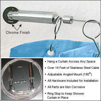 Wire Shower Curtain Rod Kit : Adjustable Angled Wall Mount Included in ...