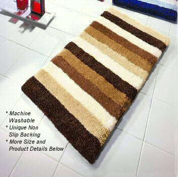 Bilbao Striped Bath Rug With Thick Pile, Brown Striped Bathroom Rugs